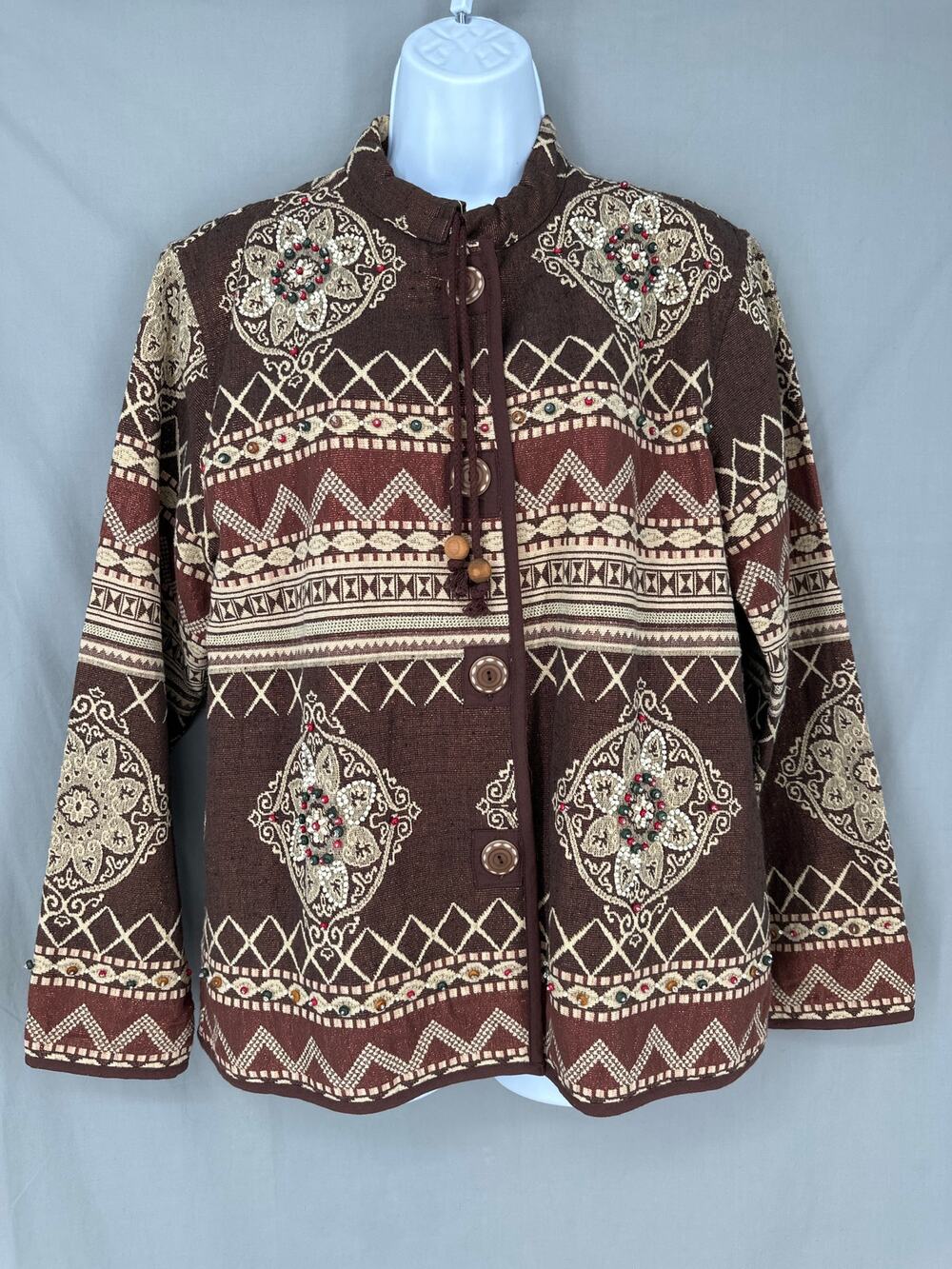 90s Vintage Jacket Womens Medium Brown Tapestry Button Beaded Boho Cottage